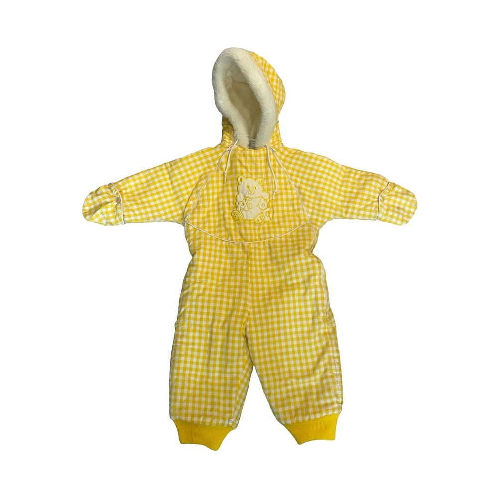 Watkins Vintage Yellow‎ Gingham Teddy Bear Hooded Snowsuit Bunting 18 Months